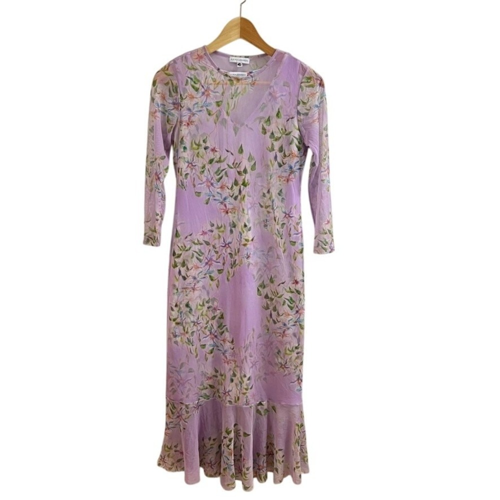 Ala von Auersperg Floral Midi Dress Womens XS Purple Mesh Sheer Overlay 2 Piece